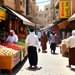 **

"A bustling Middle Eastern marketplace, with vendors selling goods and customers interacting. In the background, subtle logos of competing businesses are visible on shop signs, hinting at a competitive business environment. Focus on vibrant colors and a sense of activity."

**