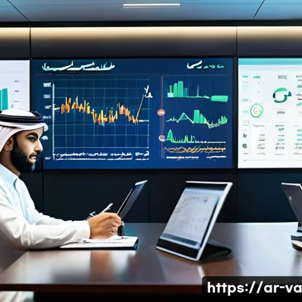 경쟁 분석 프레임워크와 기업 지속 가능성 - A modern Middle Eastern business office scene with Arabic-speaking professionals analyzing market da...