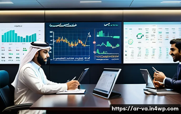 경쟁 분석 프레임워크와 기업 지속 가능성 - A modern Middle Eastern business office scene with Arabic-speaking professionals analyzing market da...