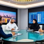 경쟁 분석 프레임워크의 경영진 보고서 작성법 - A modern Arab business meeting scene in a sleek office overlooking a Middle Eastern city skyline at ...