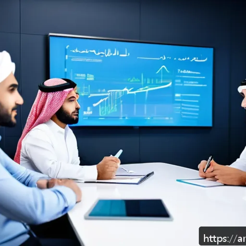 경쟁 분석 프레임워크와 전반적인 경영 전략 - A detailed business meeting scene set in a modern Middle Eastern office, featuring a diverse group o...
