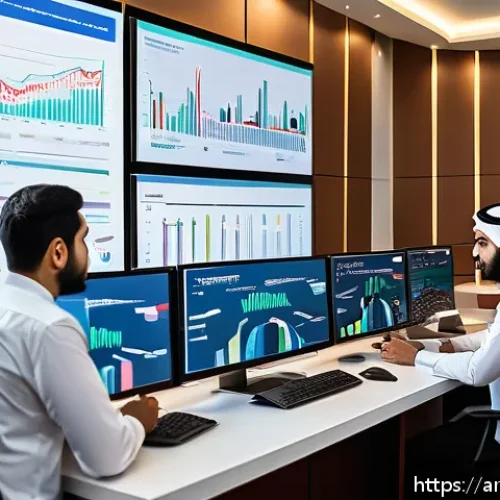 경쟁 분석 프레임워크의 글로벌 사례 분석 - A modern Middle Eastern business office scene showing a diverse team of Arab professionals analyzing...