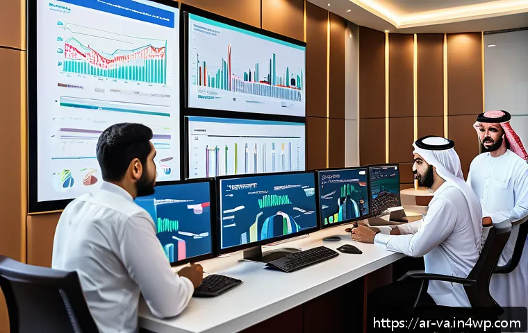 경쟁 분석 프레임워크의 글로벌 사례 분석 - A modern Middle Eastern business office scene showing a diverse team of Arab professionals analyzing...